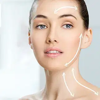 Face and Neck Aesthetics Illustration Portrait with white arrows over the forehead, cheek and neck
